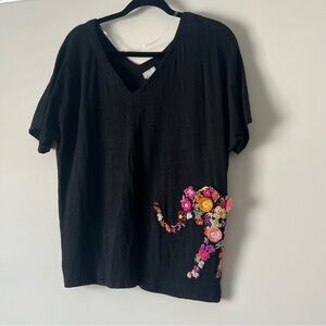 Chico's Boho Black Top with Multicolor Floral Embroidered Elephant